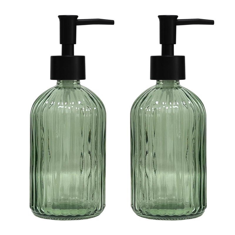YYTSGG Green Glass Soap Dispenser Set with Black Pump  13.5oz Refillable Liquid Hand Soap Dispenser  Lotion Dish Soap Dispenser for Modern Home Decor  Bathroom  Kitchen Countertop  Hotel(2 Pack) - Image 1